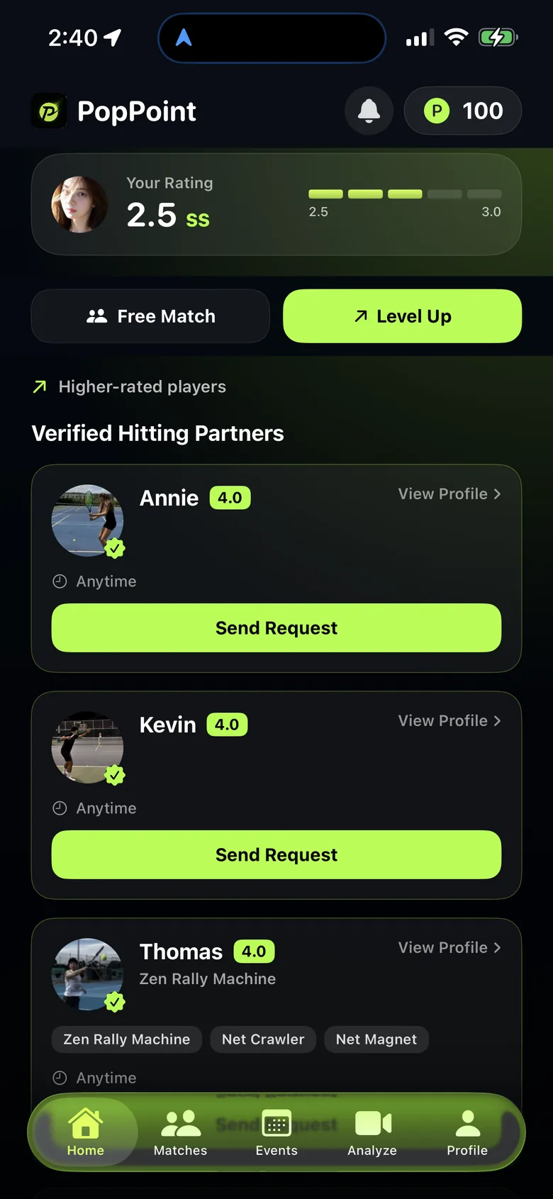 PopPoint home screen showing player matching and nearby players