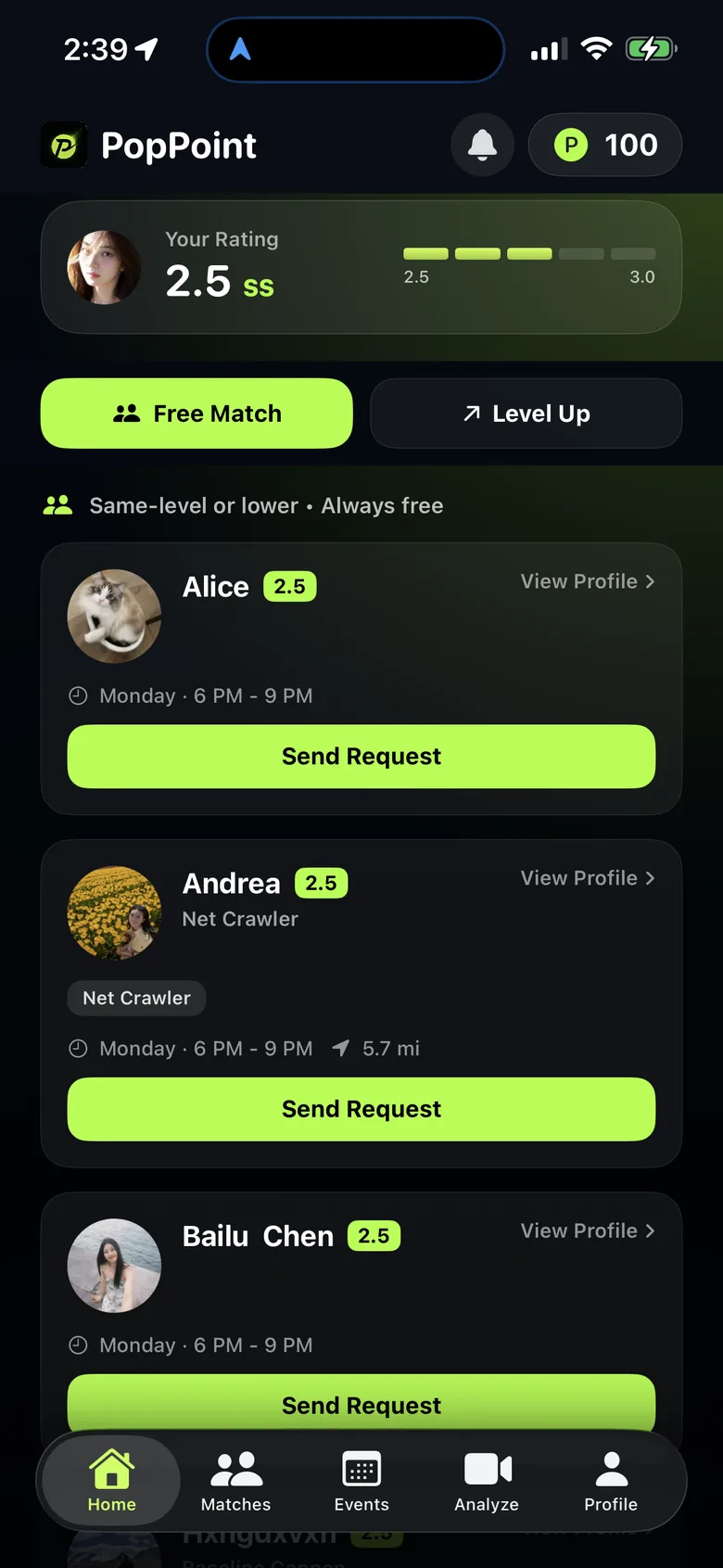 PopPoint Level Up tab with verified hitting partners